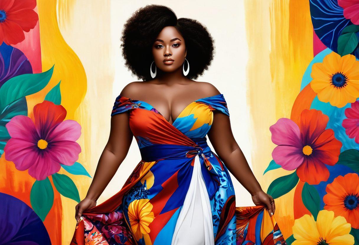 A stunning depiction of diverse curvy women in elegant fashion, confidently posing in a vibrant, artistic setting that celebrates their sensuality. Incorporate flowing fabrics and bold colors to accentuate their curves, surrounded by lush, abstract patterns symbolizing femininity and empowerment. Add elements of nature, like blooming flowers and soft sunlight, to create a warm and inviting atmosphere. impressionistic painting style. vibrant colors. soft focus.